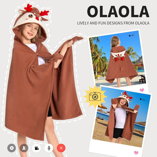 OLAOLA Kids Reindeer Hooded Beach Towels Soft Absorbent Swim Pool Towels Poncho Christmas Deer Animal Onesie