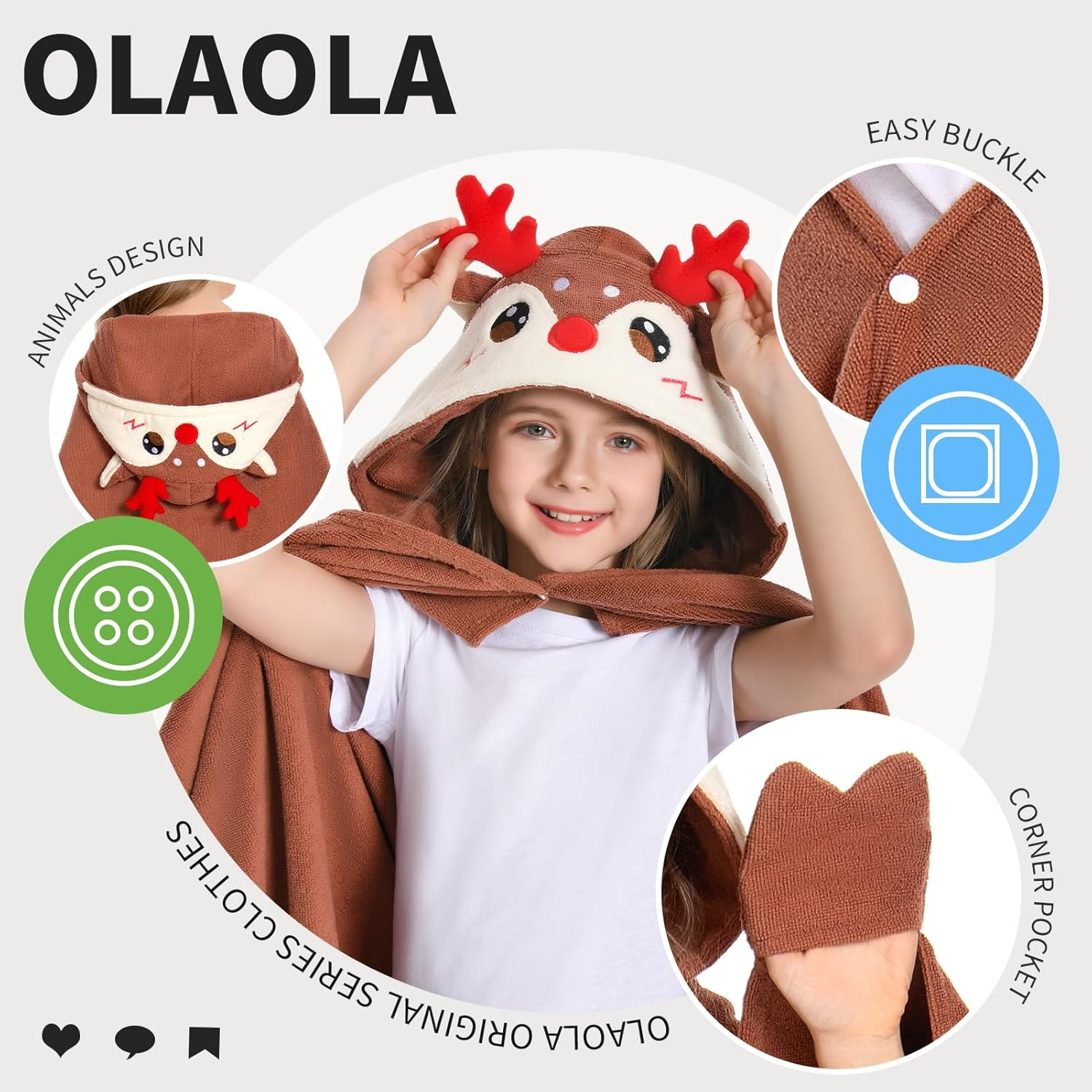 OLAOLA Kids Reindeer Hooded Beach Towels Soft Absorbent Swim Pool Towels Poncho Christmas Deer Animal Onesie