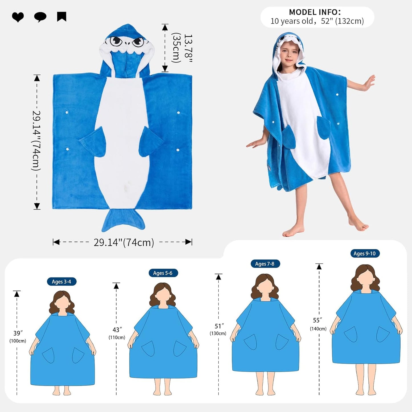 OLAOLA Kids Shark Animal Beach Bath Towels Blanket Plush Soft Coral Fleece Homewear Bath Hooded