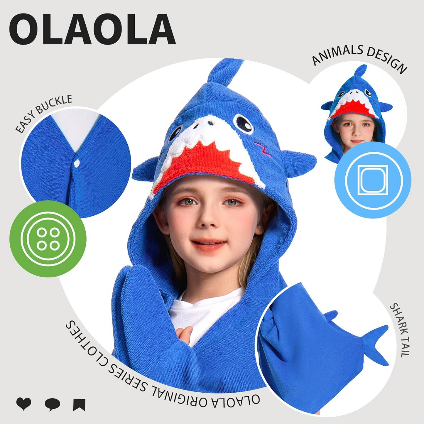 OLAOLA Kids Shark Animal Beach Towels Blanket Plush Soft Absorbent Microfibre Outdoor Homewear