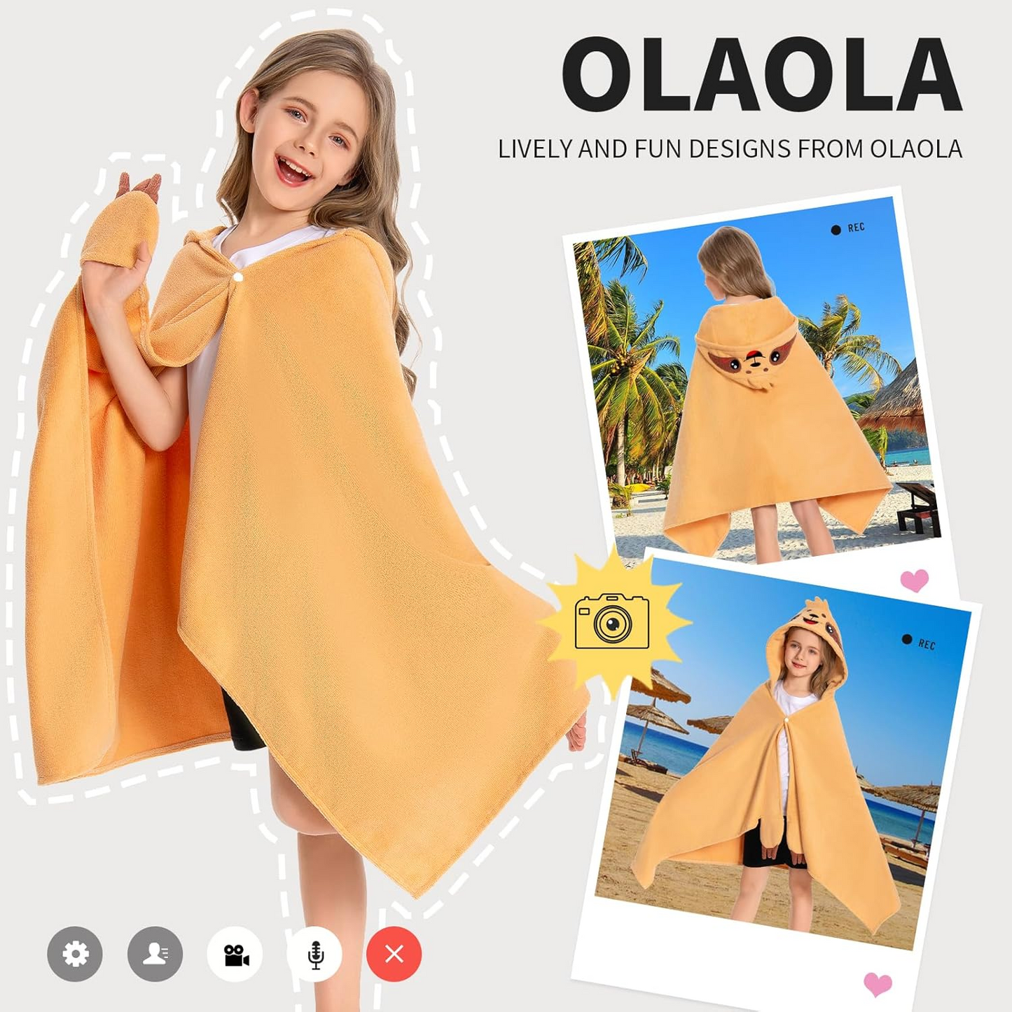 OLAOLA Kids Sloth Hooded Beach Towels Soft Absorbent Swim Pool Towels Poncho Animal Onesie