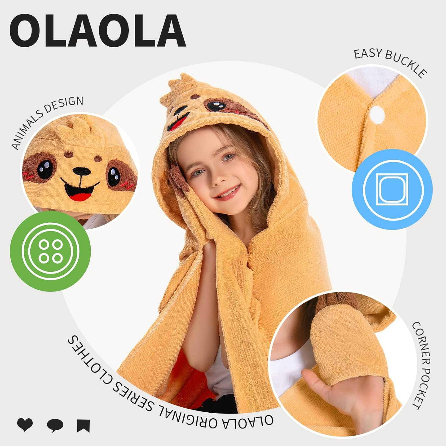 OLAOLA Kids Sloth Hooded Beach Towels Soft Absorbent Swim Pool Towels Poncho Animal Onesie