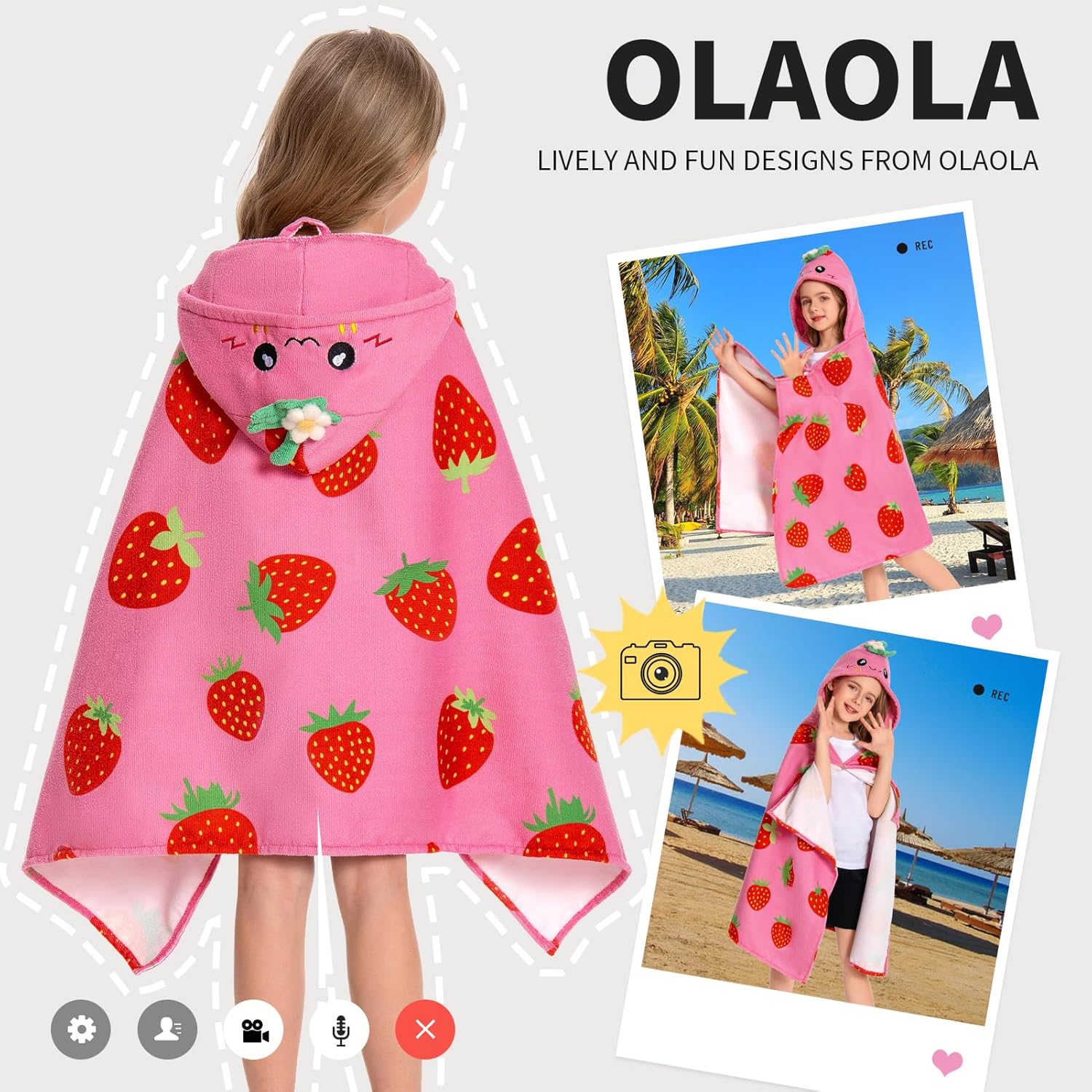 OLAOLA Kids Strawberry Printed Hooded Bathrobe Soft Absorbent Swim Pool Towels Poncho Food Onesie Bath Robe
