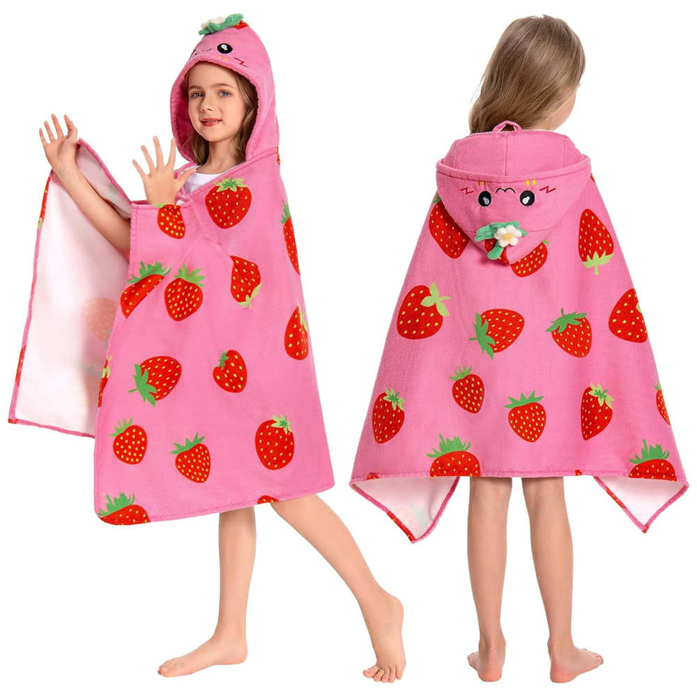 OLAOLA Kids Strawberry Printed Hooded Beach Towels Soft Absorbent Swim Pool Towels Poncho Food Onesie Bath Robe