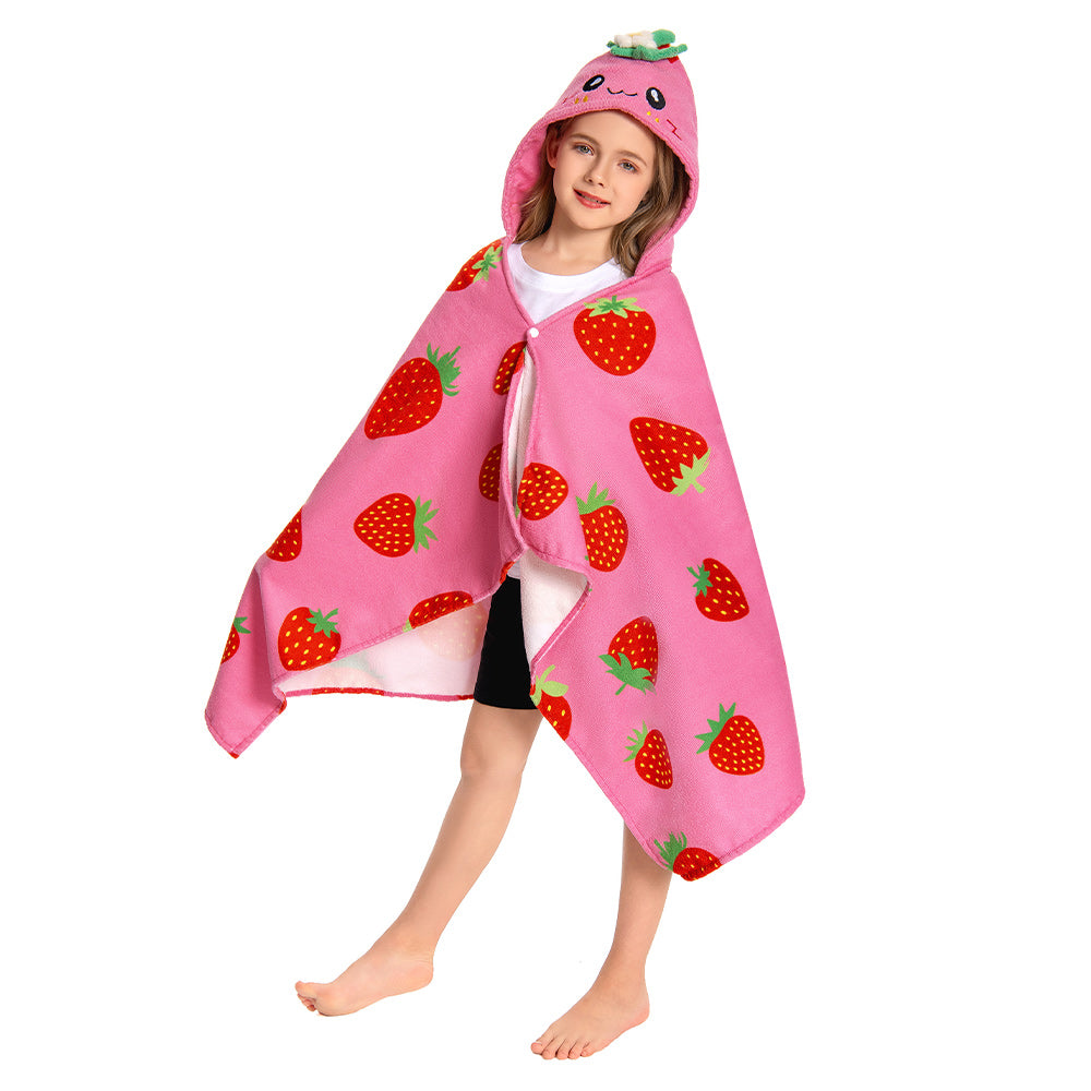 OLAOLA Kids Strawberry Printed Hooded Beach Towels Soft Absorbent Swim Pool Towels Poncho Food Onesie