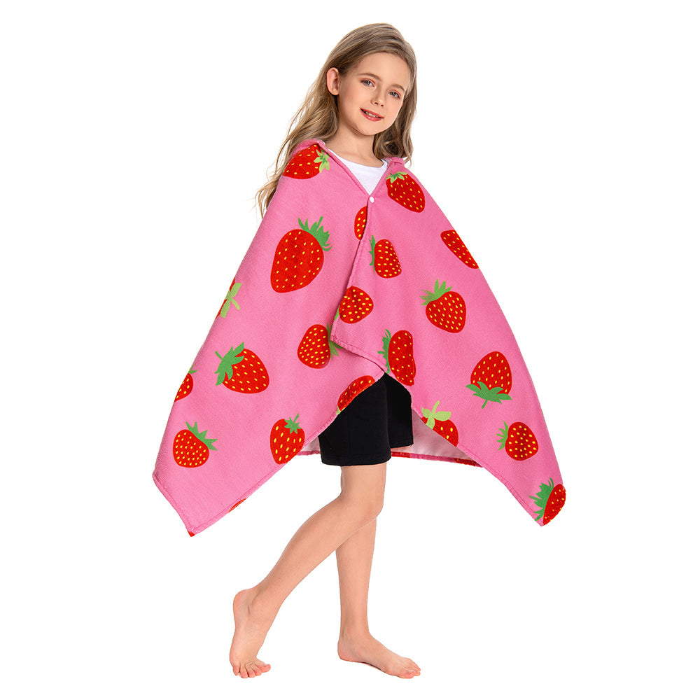 OLAOLA Kids Strawberry Printed Hooded Beach Towels Soft Absorbent Swim Pool Towels Poncho Food Onesie