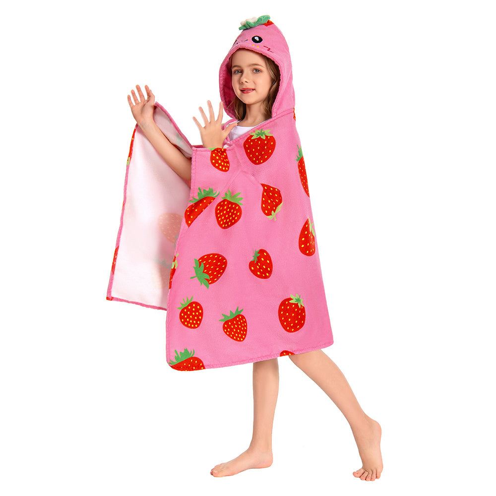 OLAOLA Kids Strawberry Printed Hooded Beach Towels Soft Absorbent Swim Pool Towels Poncho Food Onesie