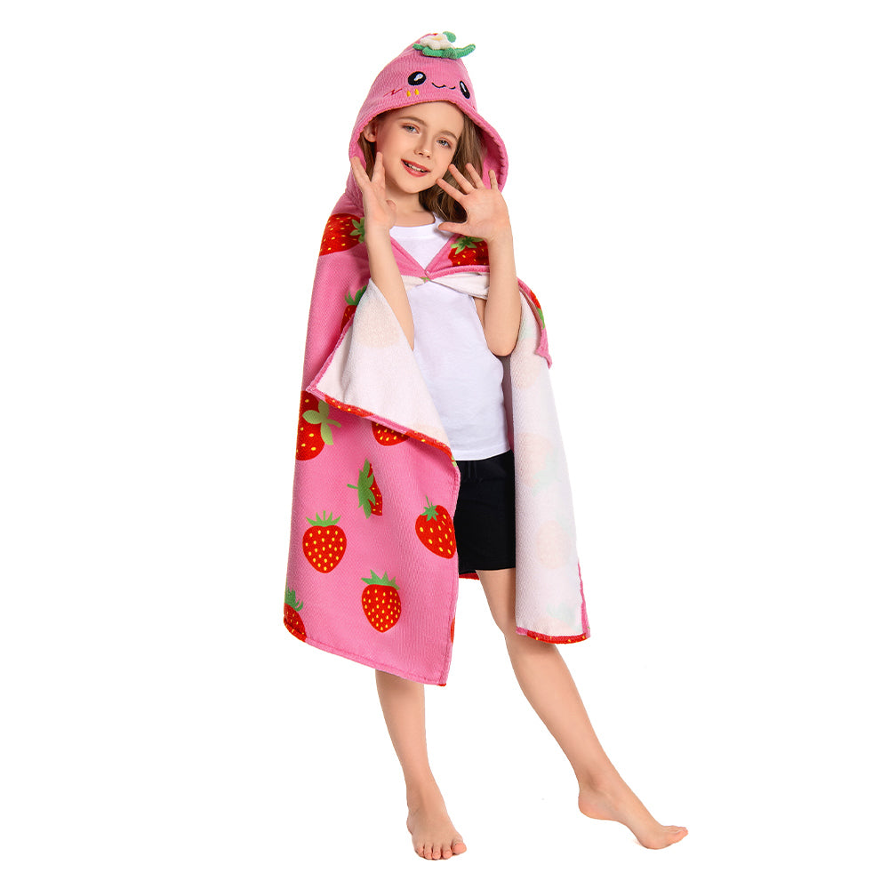 OLAOLA Kids Strawberry Printed Hooded Beach Towels Soft Absorbent Swim Pool Towels Poncho Food Onesie