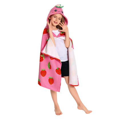 OLAOLA Kids Strawberry Printed Hooded Beach Towels Soft Absorbent Swim Pool Towels Poncho Food Onesie