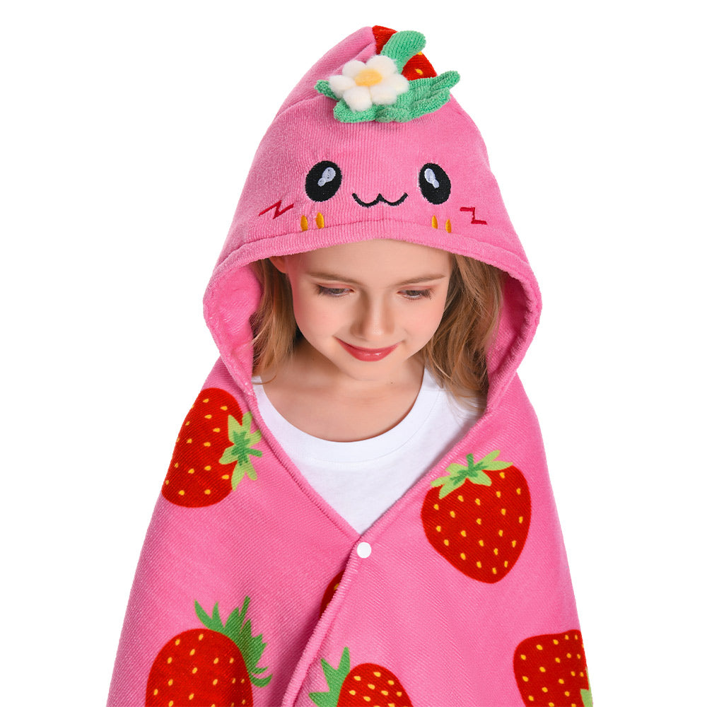 OLAOLA Kids Strawberry Printed Hooded Beach Towels Soft Absorbent Swim Pool Towels Poncho Food Onesie