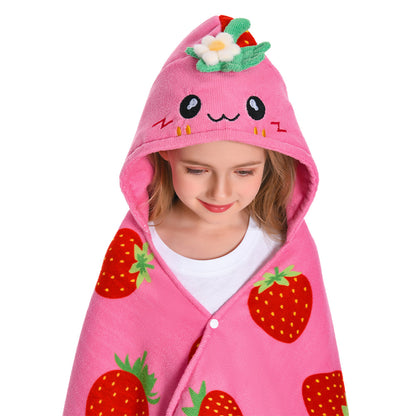OLAOLA Kids Strawberry Printed Hooded Beach Towels Soft Absorbent Swim Pool Towels Poncho Food Onesie