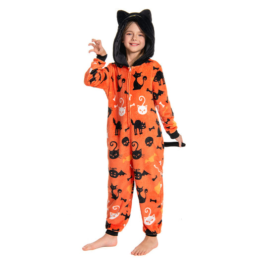 OLAOLA Kids Yellow Printed Cat Pajamas Plush Animals Onesie Soft Sleepwear Halloween Carnival Suit