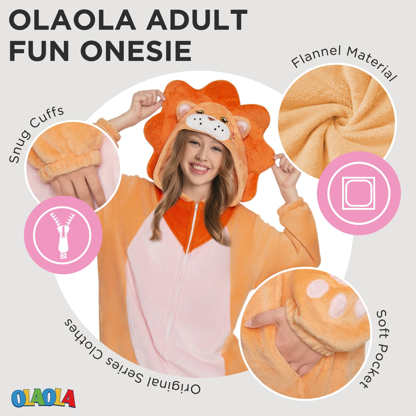 OLAOLA Lion Animals Onesie Soft Flannel Pajamas Warm Cozy One Piece Adult Cosplay Sleepwear Halloween Carnival Costume