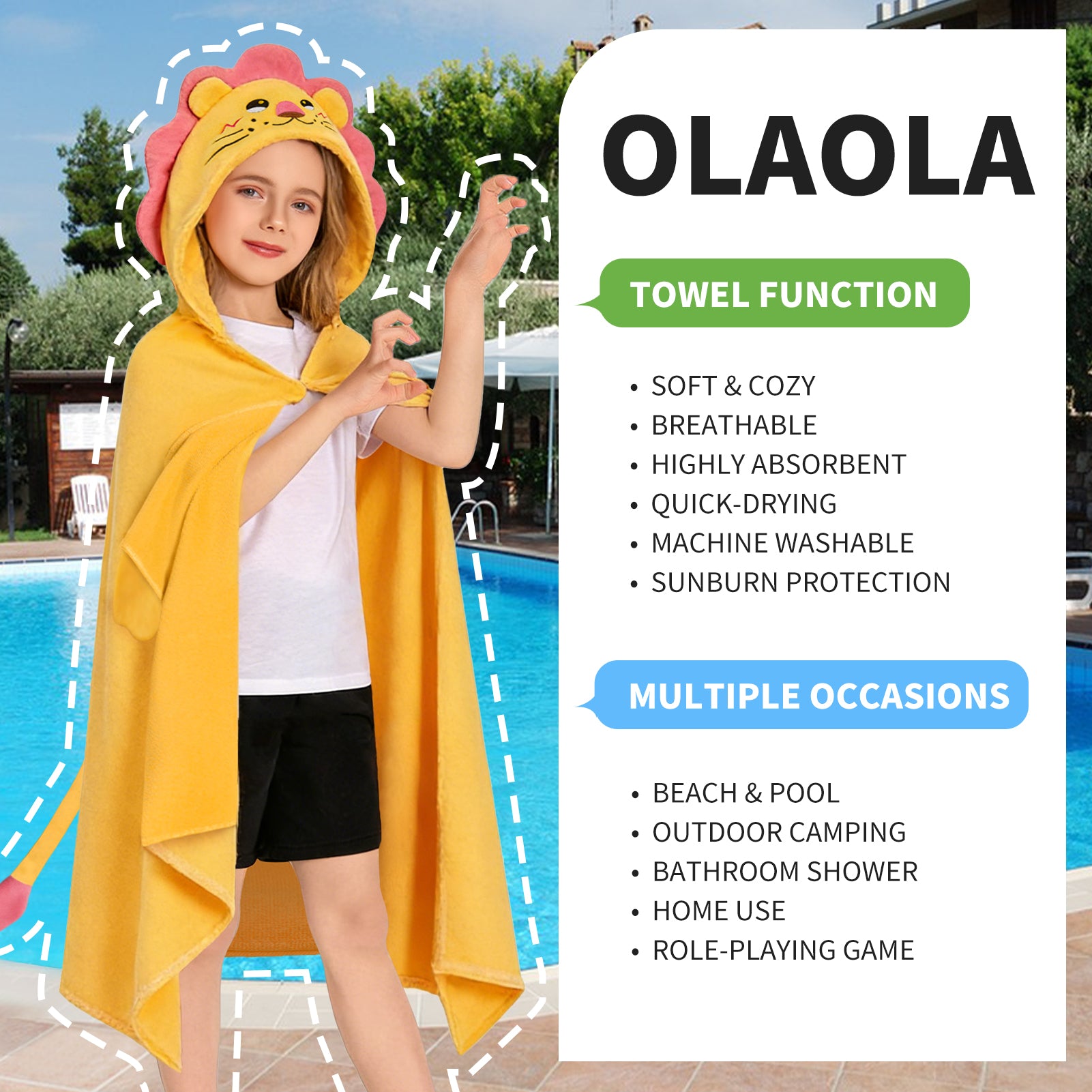 OLAOLA Lion Hooded Towel For Kids Soft Thick Bath Beach Towel Absorbent Toddler Bath Towel Wrap Swim Pool Towels Poncho For 3-12 Years Boys Girls