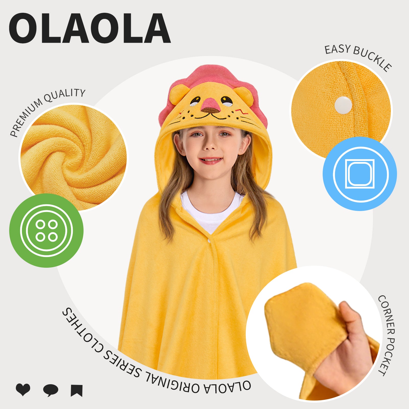 OLAOLA Lion Hooded Towel For Kids Soft Thick Bath Beach Towel Absorbent Toddler Bath Towel Wrap Swim Pool Towels Poncho For 3-12 Years Boys Girls
