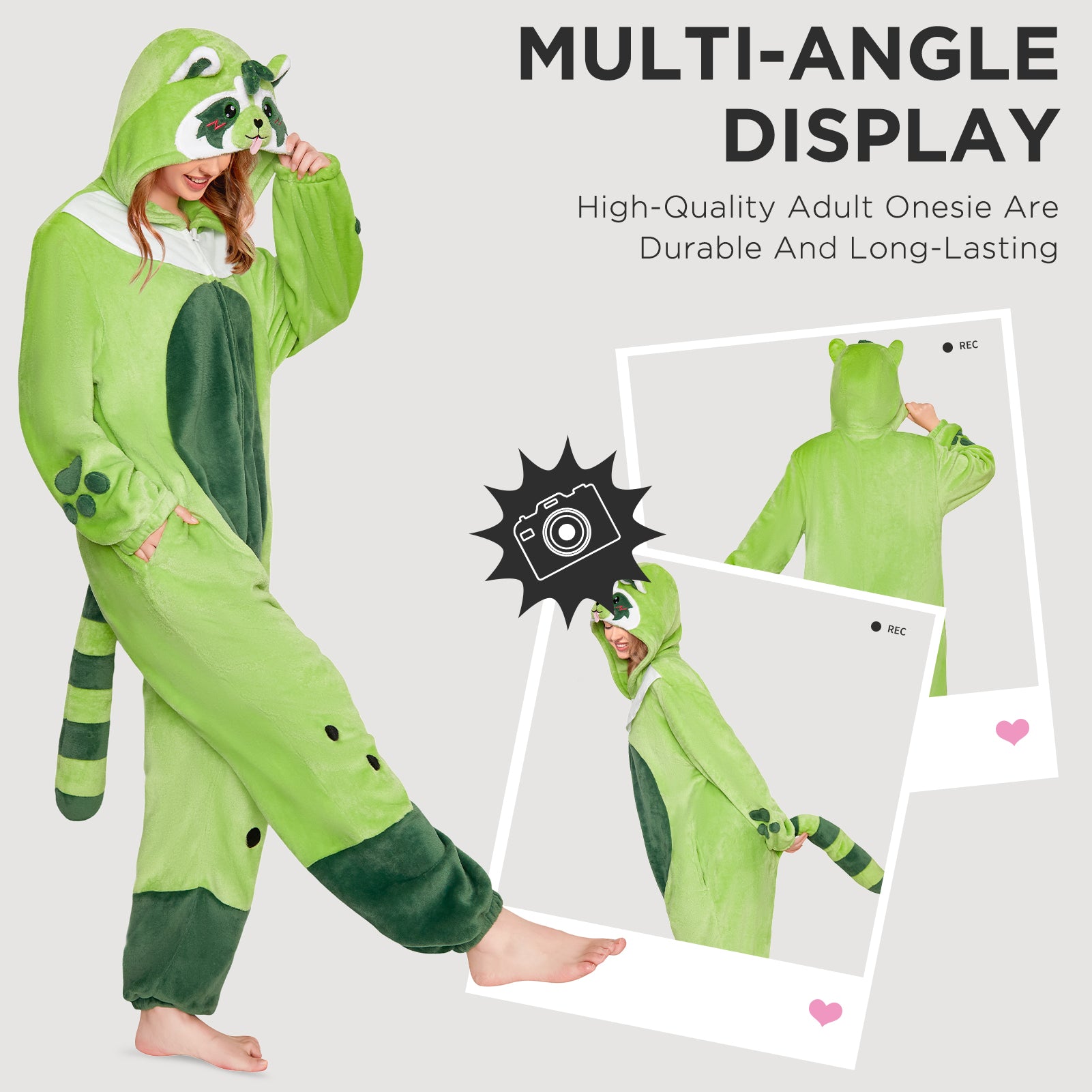 OLAOLA Matcha Boba Raccoon Pajamas Green Animals Onesie Plush Warm Home One Piece For Adult Unisex Halloween Costume
