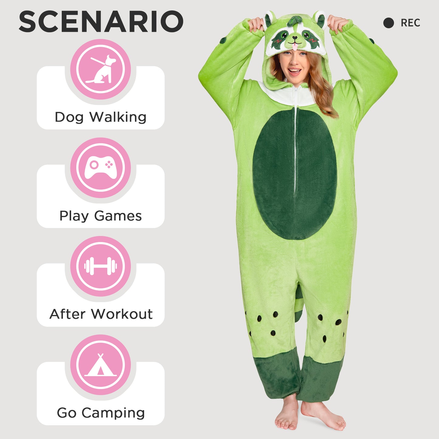 OLAOLA Matcha Boba Raccoon Pajamas Green Animals Onesie Plush Warm Home One Piece For Adult Unisex Halloween Costume