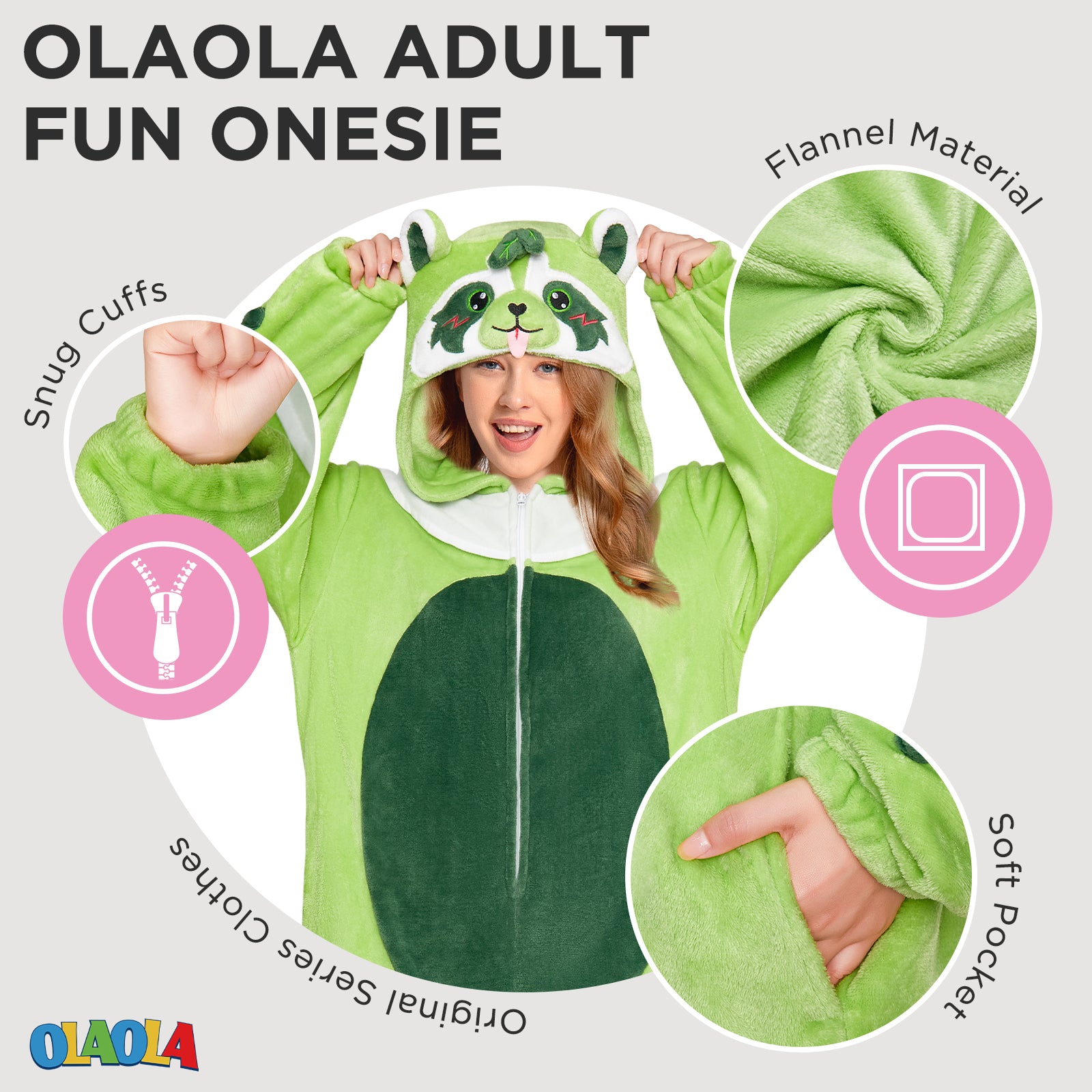 OLAOLA Matcha Boba Raccoon Pajamas Green Animals Onesie Plush Warm Home One Piece For Adult Unisex Halloween Costume