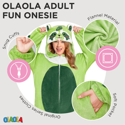 OLAOLA Matcha Boba Raccoon Pajamas Green Animals Onesie Plush Warm Home One Piece For Adult Unisex Halloween Costume
