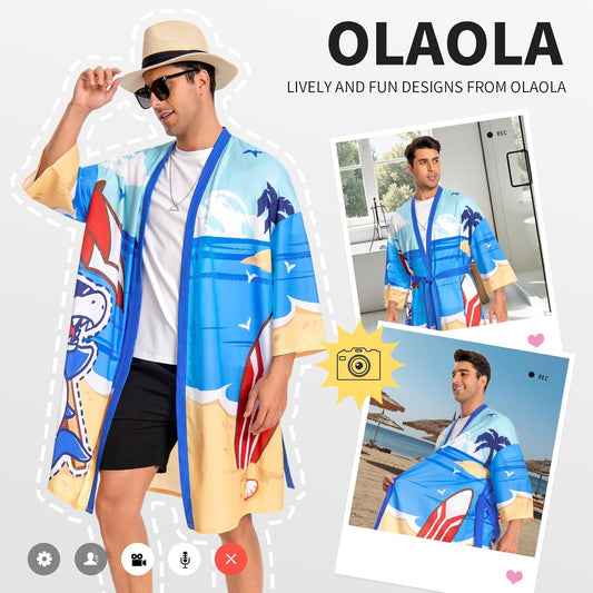 OLAOLA Men Blue Shark Printed Pattern Kimono Robe Bathrobe Beach Smock Lightweight Swim Jacket