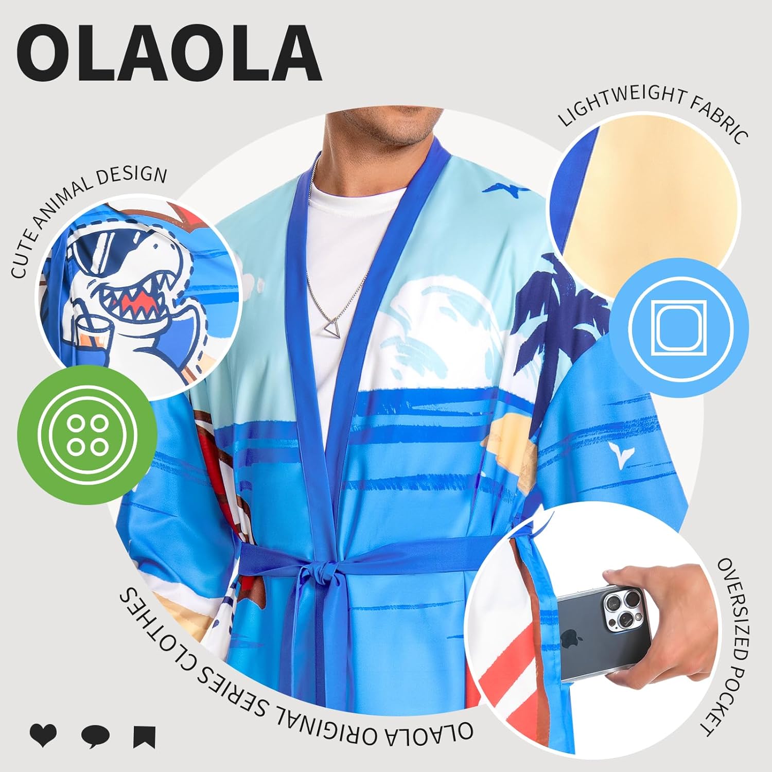 OLAOLA Men Blue Shark Printed Pattern Kimono Robe Bathrobe Beach Smock Lightweight Swim Jacket