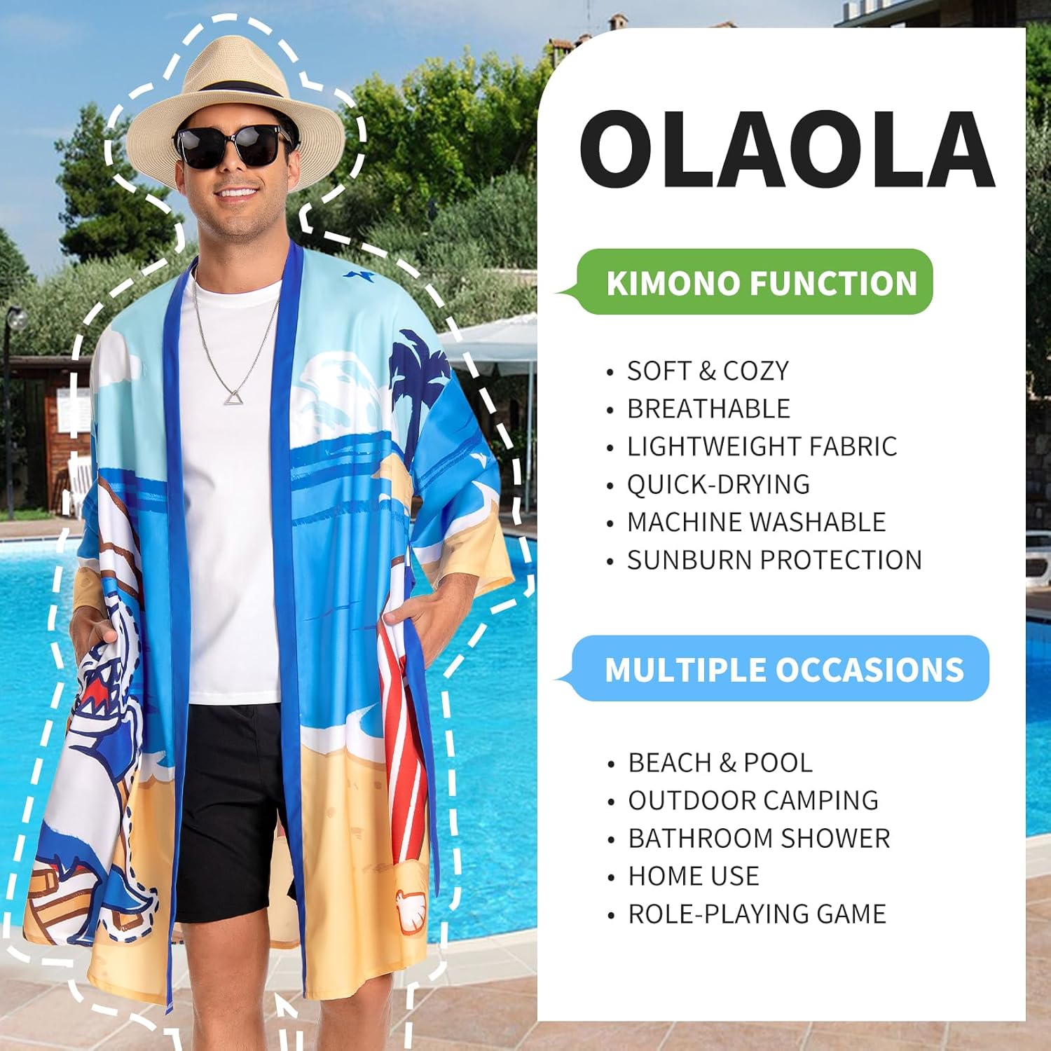 OLAOLA Men Blue Shark Printed Pattern Kimono Robe Bathrobe Beach Smock Lightweight Swim Jacket