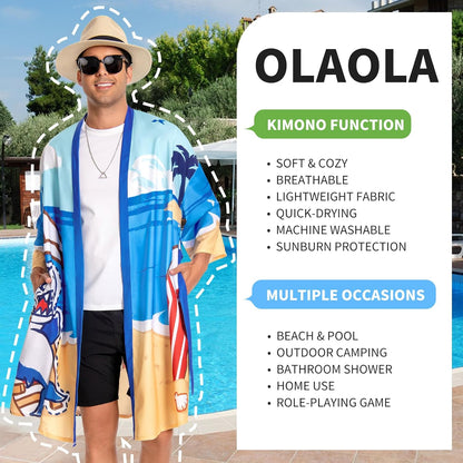 OLAOLA Men Blue Shark Printed Pattern Kimono Robe Bathrobe Beach Smock Lightweight Swim Jacket