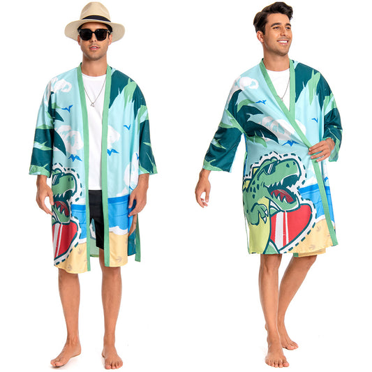 OLAOLA Men Dinosaur Robe Beach Jacket Adult Smock Printed Pattern Animal Onesie Bathrobe Soft Casual Outwear