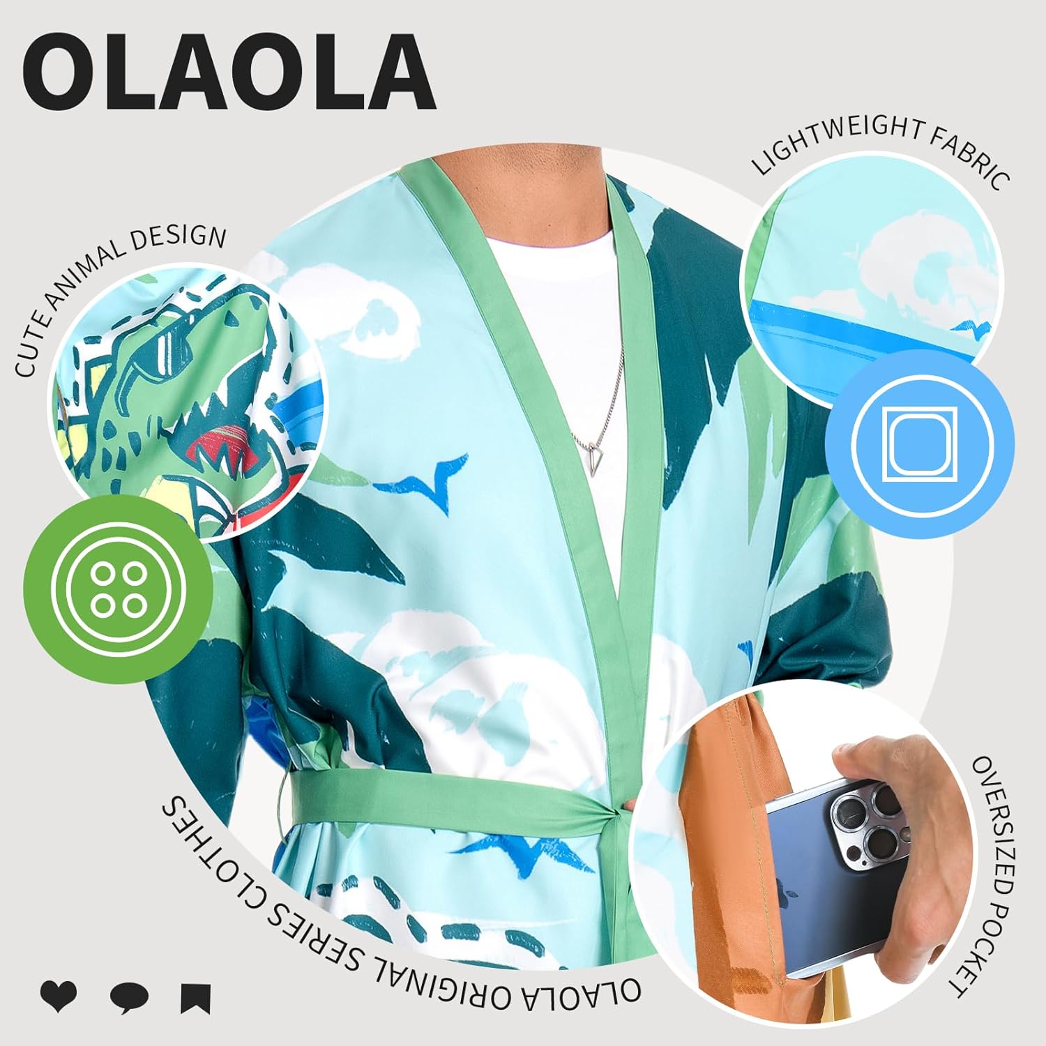 OLAOLA Men Dinosaur Robe Beach Jacket Adult Smock Printed Pattern Animal Onesie Bathrobe Soft Casual Outwear