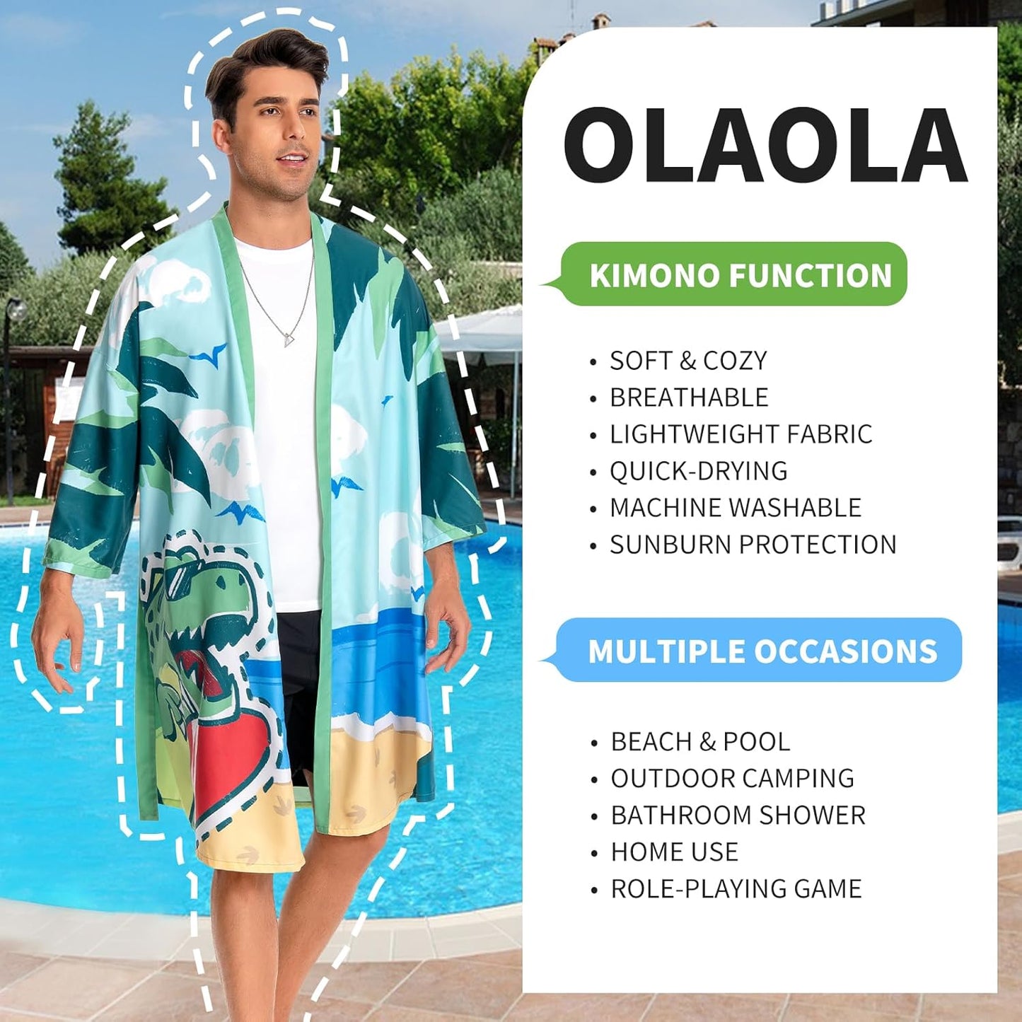 OLAOLA Men Dinosaur Robe Beach Jacket Adult Smock Printed Pattern Animal Onesie Bathrobe Soft Casual Outwear