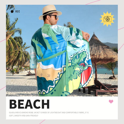OLAOLA Men Dinosaur Robe Beach Jacket Adult Smock Printed Pattern Animal Onesie Bathrobe Soft Casual Outwear