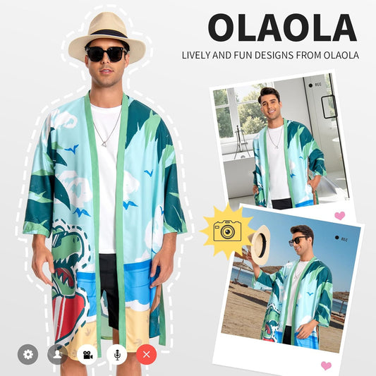 OLAOLA Men Dinosaur Robe Beach Jacket Adult Smock Printed Pattern Animal Onesie Bathrobe Soft Casual Outwear