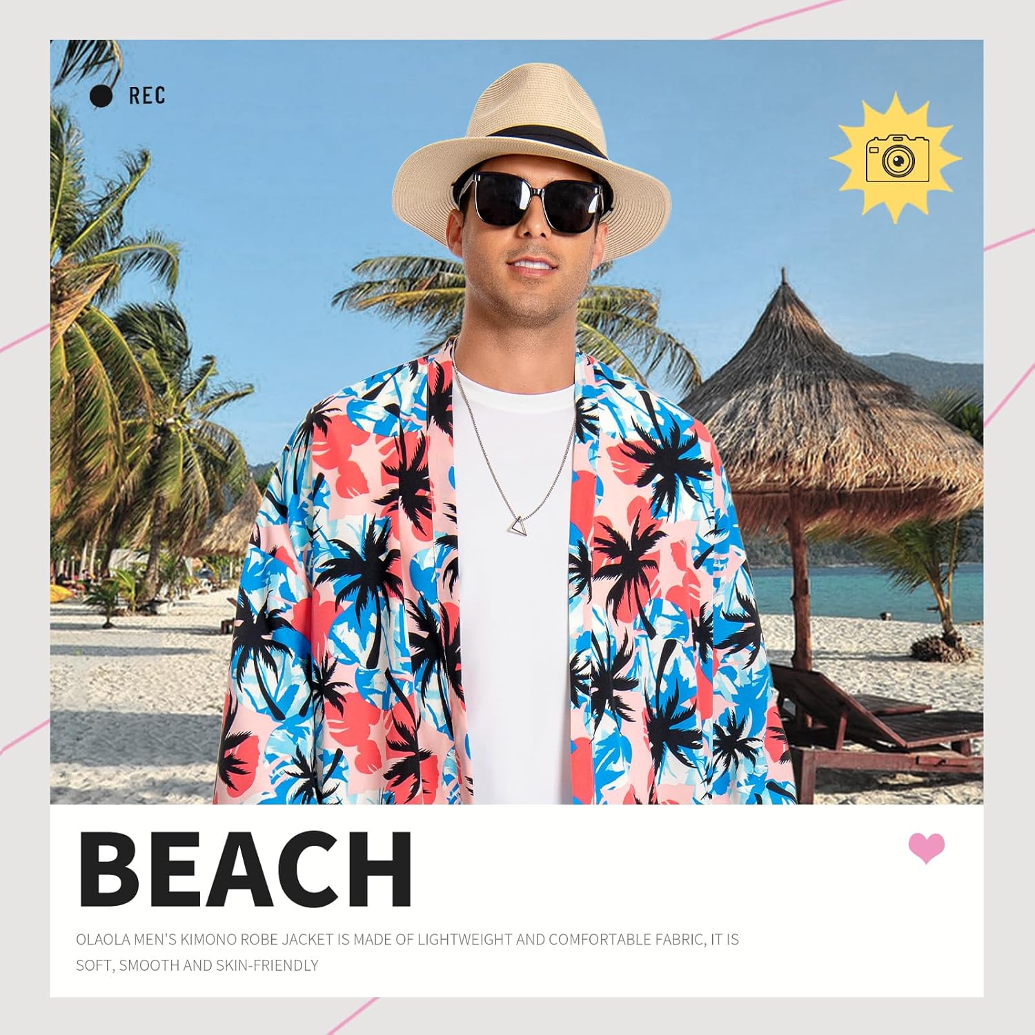 OLAOLA Men Floral Pattern Swim Kimono Robe Printed Bathrobe Beach Smock Cover Up Casual Open Front Long Cardigan