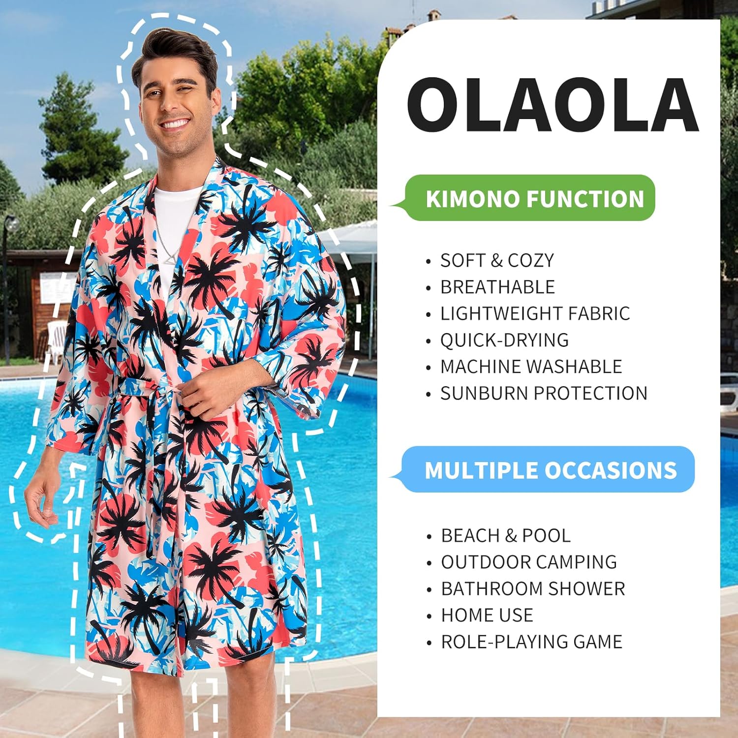 OLAOLA Men Floral Pattern Swim Kimono Robe Printed Bathrobe Beach Smock Cover Up Casual Open Front Long Cardigan