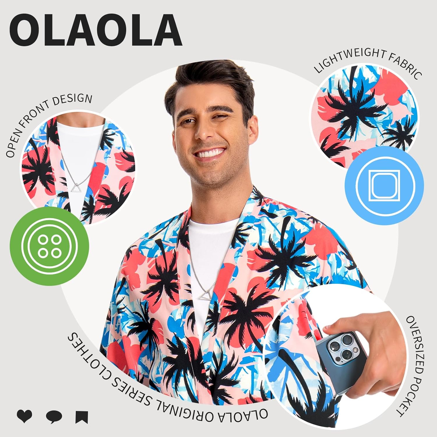 OLAOLA Men Floral Pattern Swim Kimono Robe Printed Bathrobe Beach Smock Cover Up Casual Open Front Long Cardigan