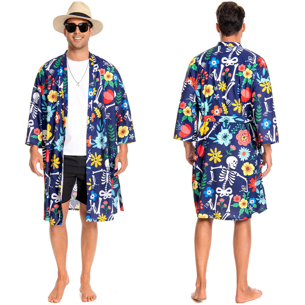OLAOLA Men Floral Skeleton Kimono Robe Bathrobe Summer Printed Beach Smock Lightweight Open Front Long Cardigan Cloak