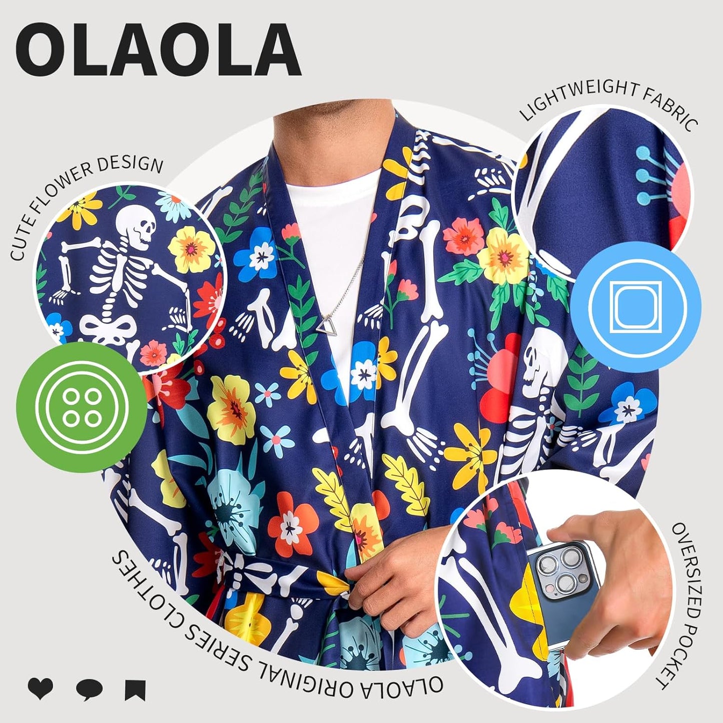 OLAOLA Men Floral Skeleton Kimono Robe Bathrobe Summer Printed Beach Smock Lightweight Open Front Long Cardigan Cloak
