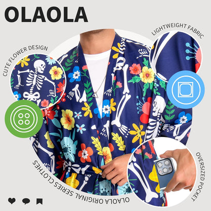OLAOLA Men Floral Skeleton Kimono Robe Bathrobe Summer Printed Beach Smock Lightweight Open Front Long Cardigan Cloak