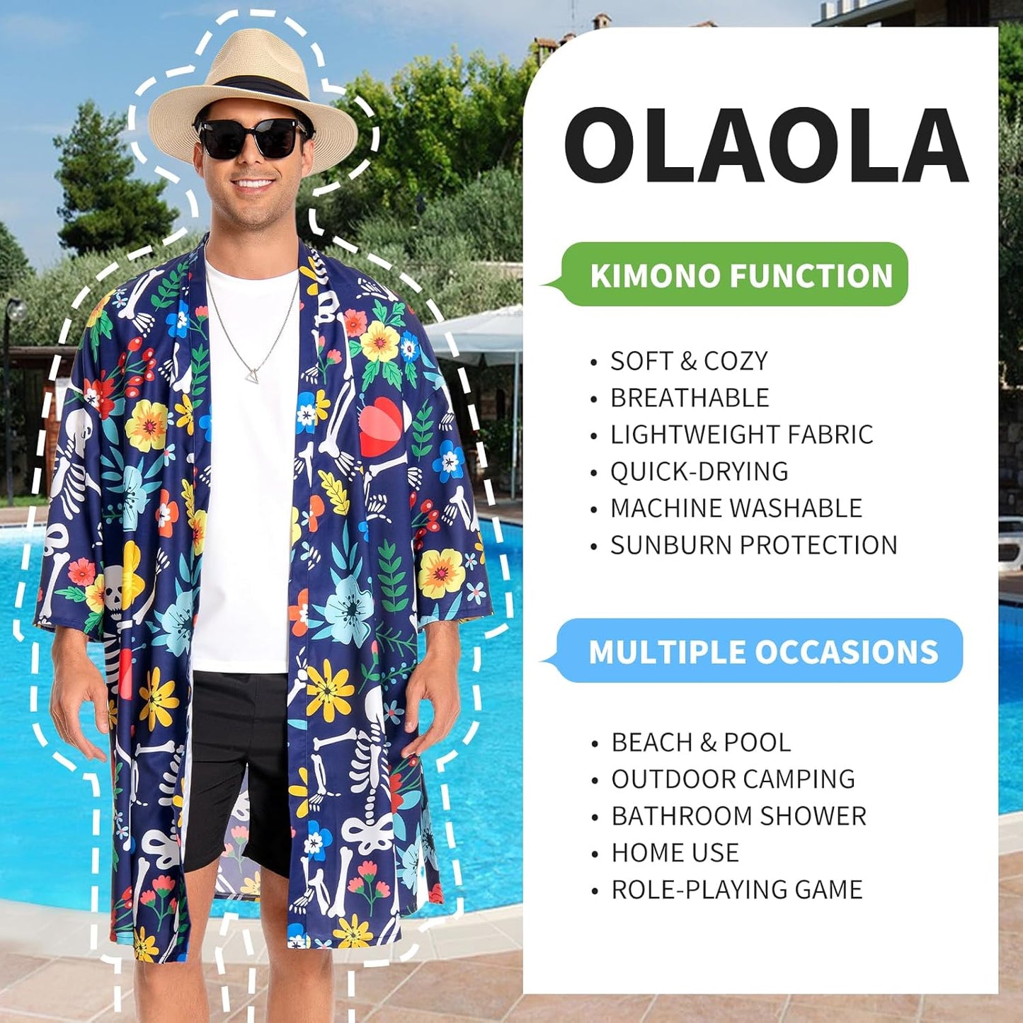 OLAOLA Men Floral Skeleton Kimono Robe Bathrobe Summer Printed Beach Smock Lightweight Open Front Long Cardigan Cloak