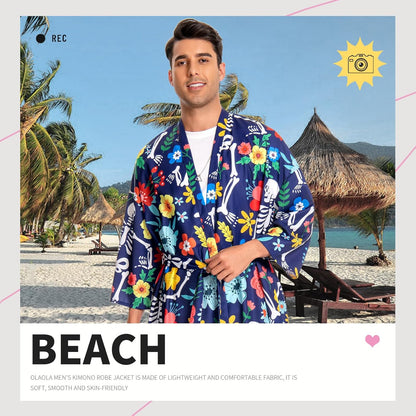 OLAOLA Men Floral Skeleton Kimono Robe Bathrobe Summer Printed Beach Smock Lightweight Open Front Long Cardigan Cloak
