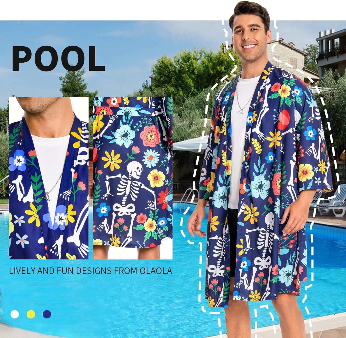 OLAOLA Men Floral Skeleton Kimono Robe Bathrobe Summer Printed Beach Smock Lightweight Open Front Long Cardigan Cloak