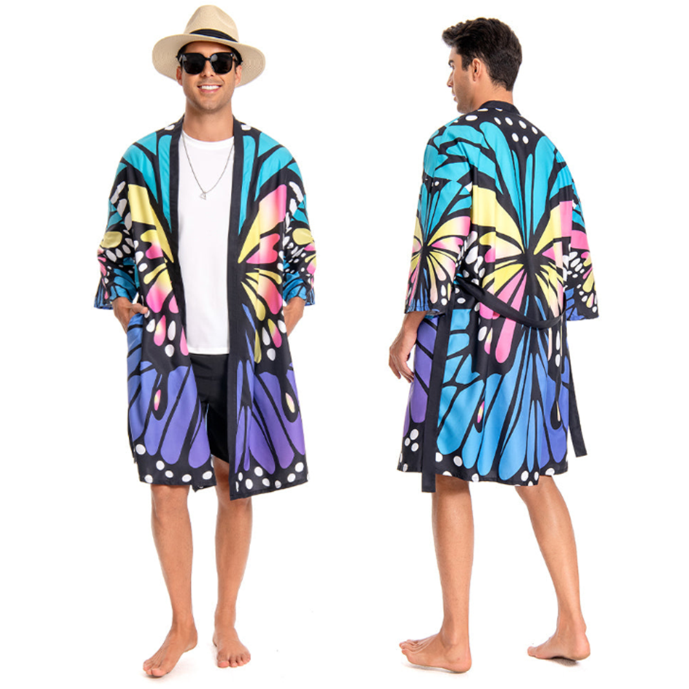 OLAOLA Men Lightweight Kimono Robe Butterfly Printed Pattern Beach Smock Animal Onesie Bathrobe Soft Casual Cloak
