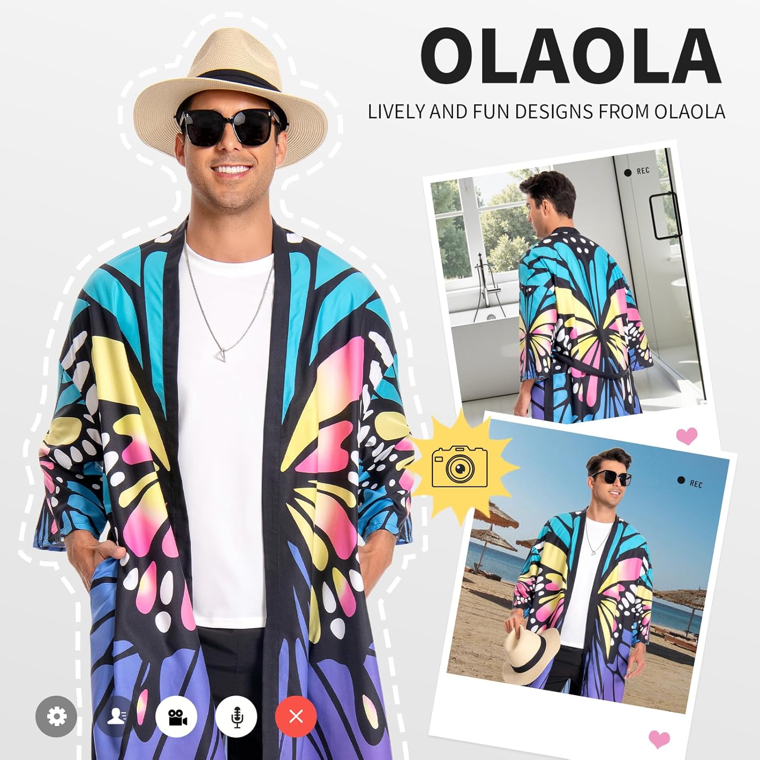 OLAOLA Men Lightweight Kimono Robe Butterfly Printed Pattern Beach Smock Animal Onesie Bathrobe Soft Casual Cloak