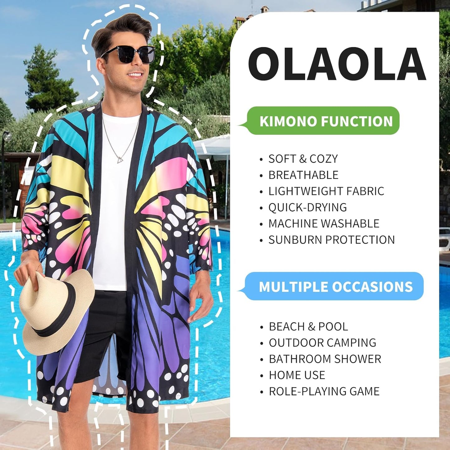 OLAOLA Men Lightweight Kimono Robe Butterfly Printed Pattern Beach Smock Animal Onesie Bathrobe Soft Casual Cloak