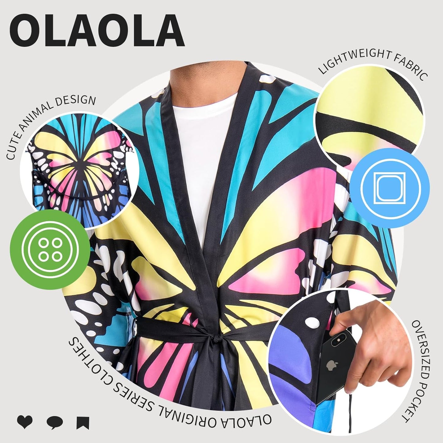 OLAOLA Men Lightweight Kimono Robe Butterfly Printed Pattern Beach Smock Animal Onesie Bathrobe Soft Casual Cloak