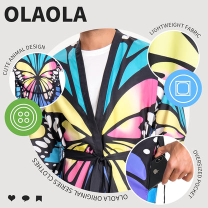 OLAOLA Men Lightweight Kimono Robe Butterfly Printed Pattern Beach Smock Animal Onesie Bathrobe Soft Casual Cloak