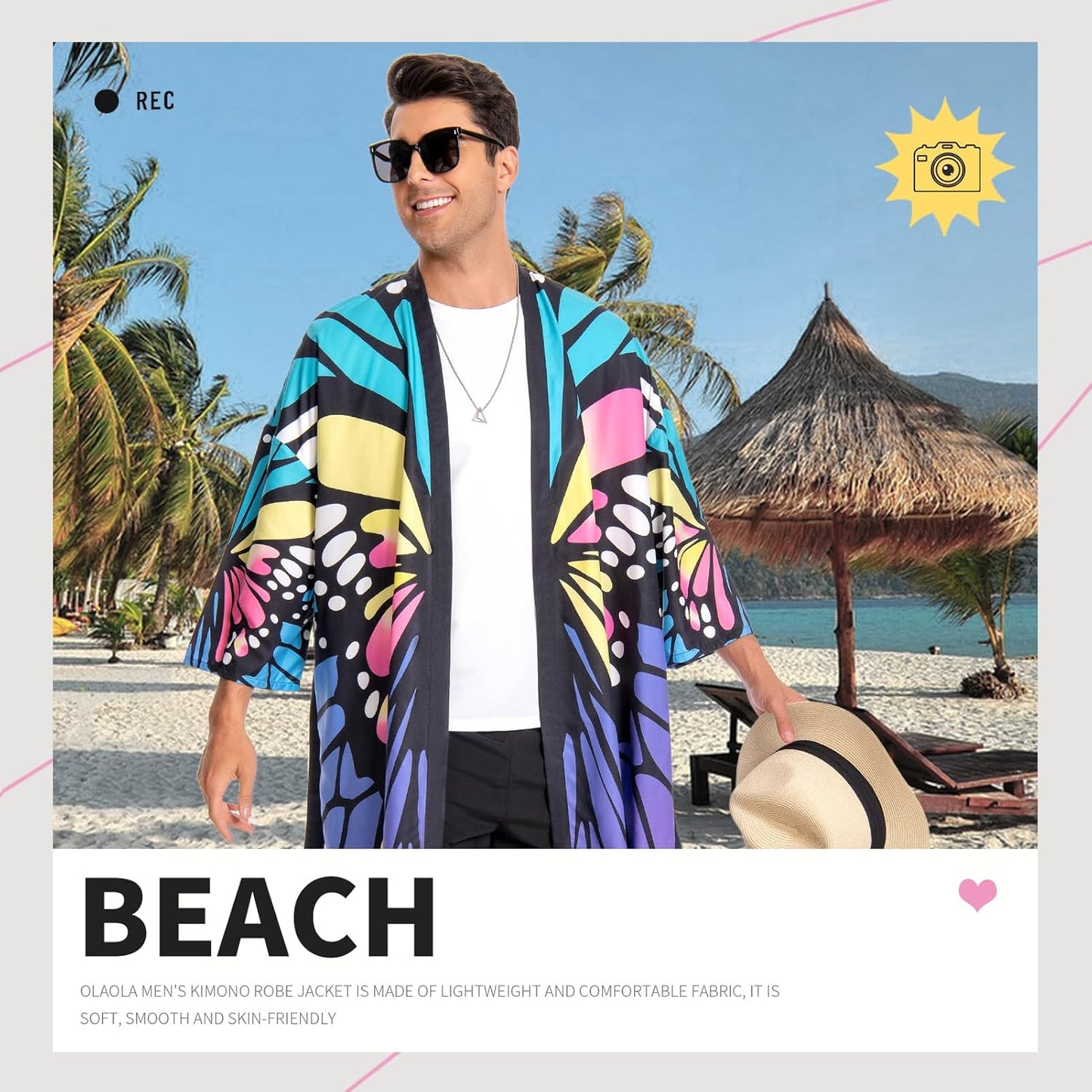 OLAOLA Men Lightweight Kimono Robe Butterfly Printed Pattern Beach Smock Animal Onesie Bathrobe Soft Casual Cloak