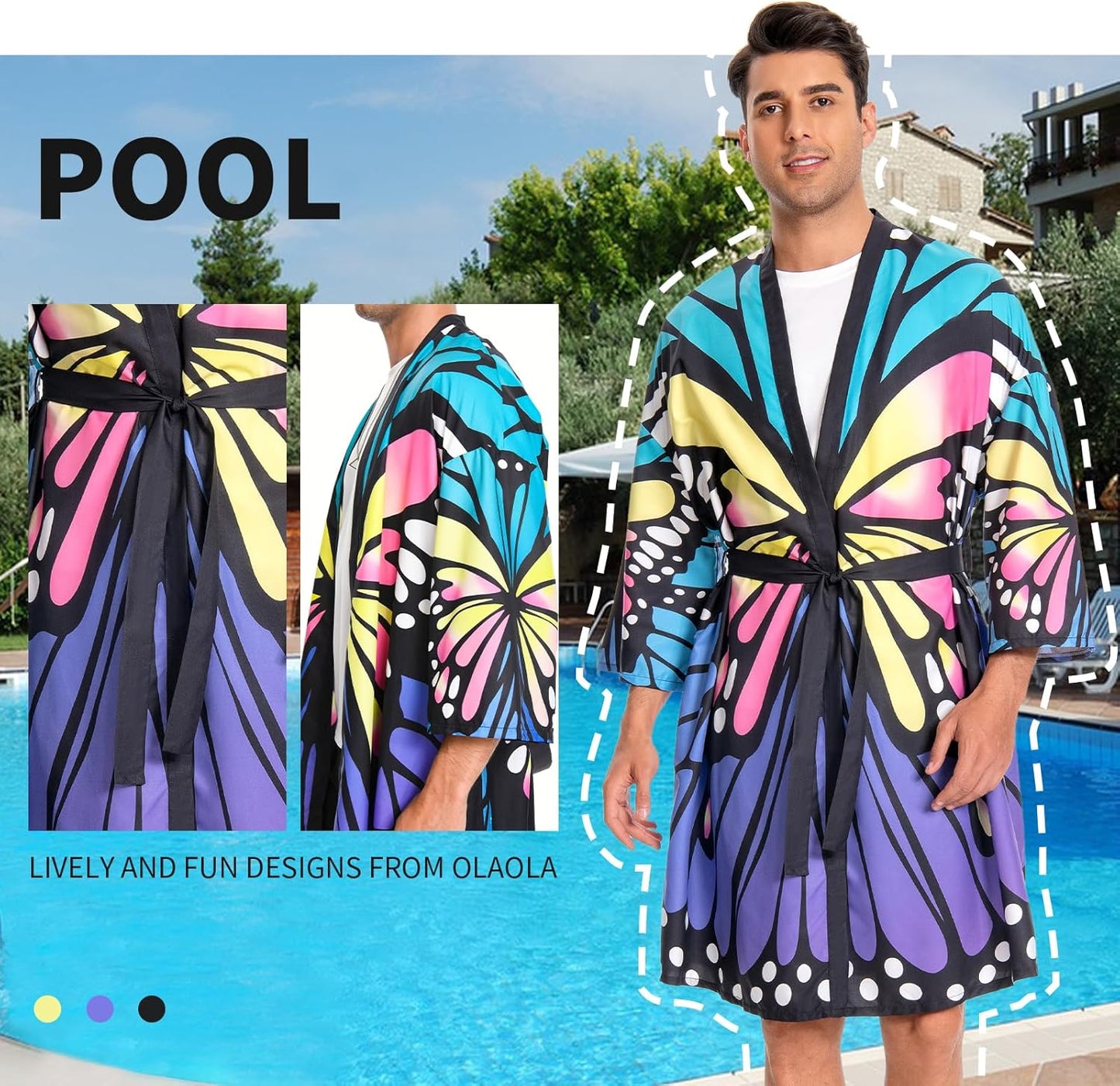 OLAOLA Men Lightweight Kimono Robe Butterfly Printed Pattern Beach Smock Animal Onesie Bathrobe Soft Casual Cloak