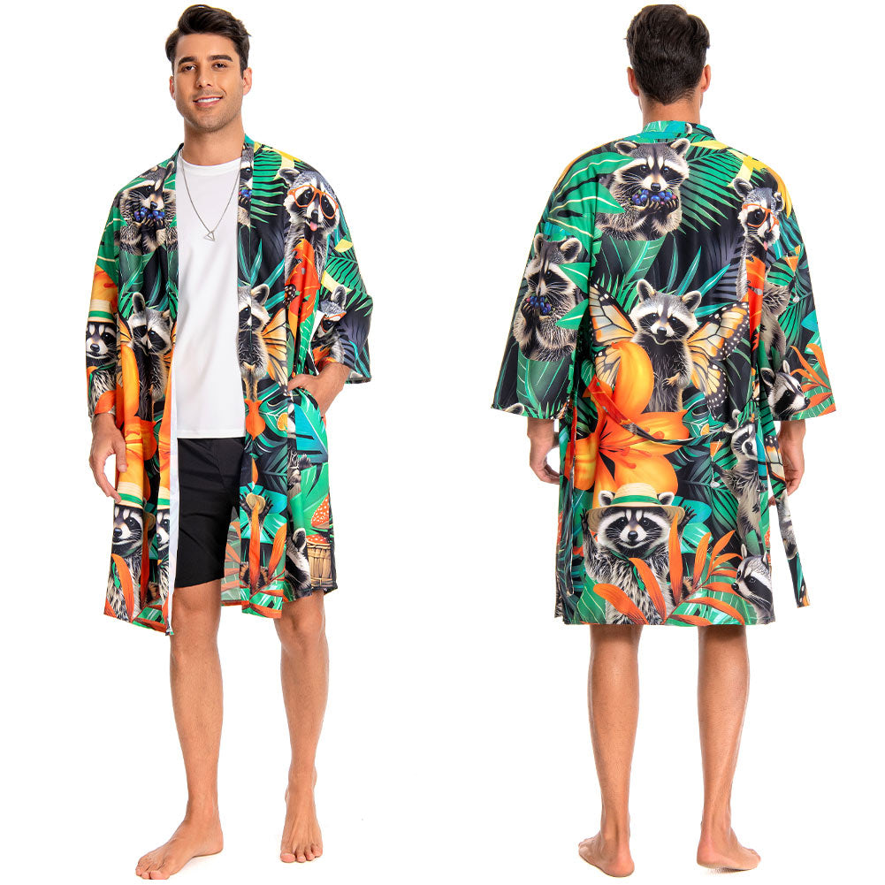 OLAOLA Men Raccoon Kimono Robe Bathrobe Summer Printed Beach Smock Lightweight Outwear Open Front Long Cardigan Cloak