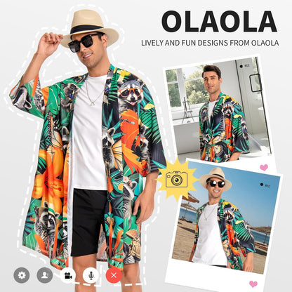 OLAOLA Men Raccoon Kimono Robe Bathrobe Summer Printed Beach Smock Lightweight Outwear Open Front Long Cardigan Cloak